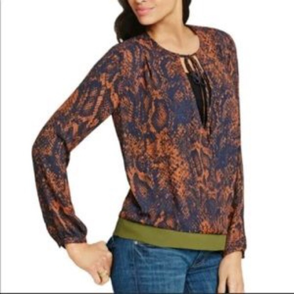 CAbi Border Wrap Long Sleeve Snakeskin Blouse with Olive Band